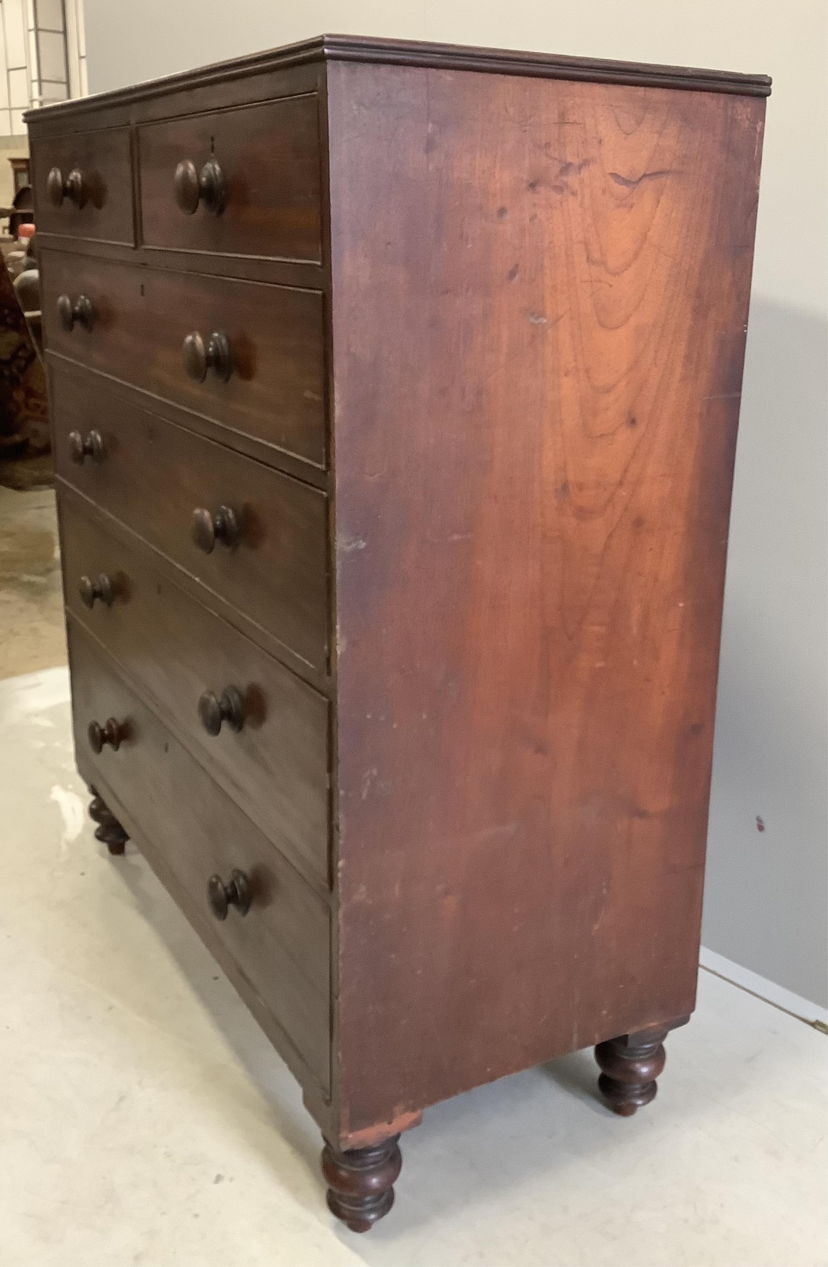 An early Victorian mahogany chest of six drawers, width 116cm, depth 52cm, height 130cm. Condition - fair